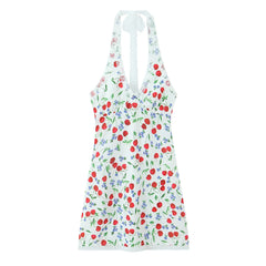 White Fruit Print Halter Mini Dress