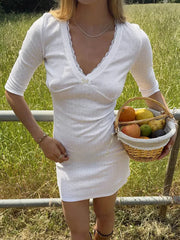 White Lace Trim V Neck  Half Sleeve Mini Dress