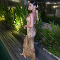 Halter Leopard Open Back Maxi Dress
