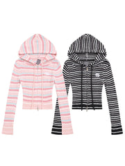 Knit Striped Long Sleeve Zip Hooded Top