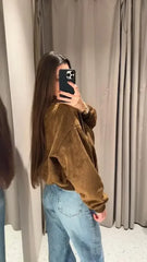 Brown Short Lapel Zipper Pocket Suede Jacket