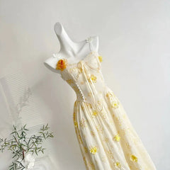 Yellow Spaghetti Strap Embroidered Flower Midi Dress