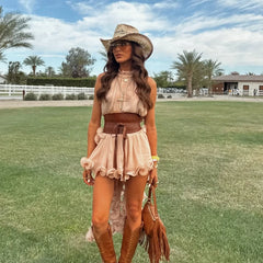 Pink Halter Ruffles Top And Mini Skirt Set