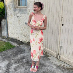 White Printed Ruffles Trim Maxi Dress
