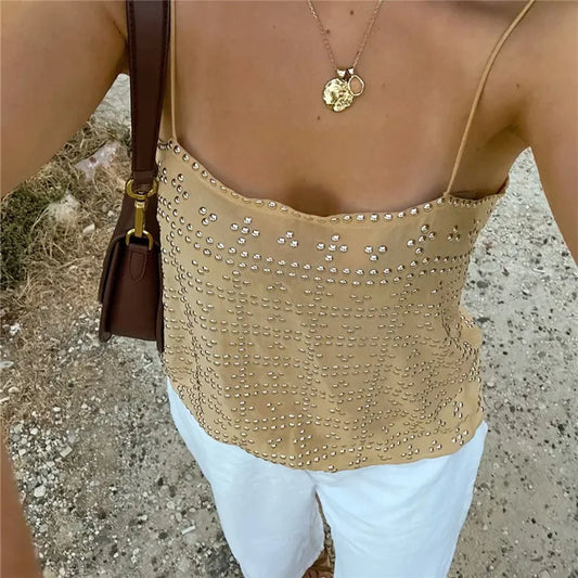Khaki Rhinestone Embellished Cami Top