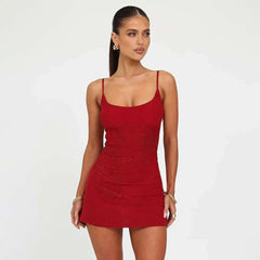 Red Spaghetti Strap Backless Mini Rhinestone Dress