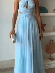 Blue Off Shoulder Pleated Long Dress