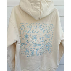 Beige hoodie with blue ocean-themed design on the back