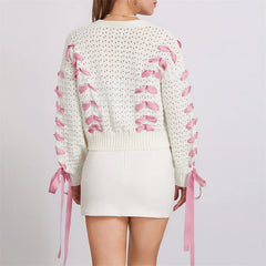 White Pink Ribbon Lace Up Sweater Cardigan - Free From Label