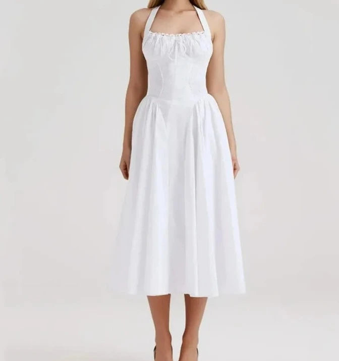 Corset Solid White Bow Halter Lacing Up Ruched Chest Midi Dress