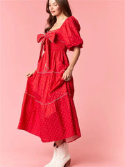 Red Polka Dot Square Neck Puff Sleeve Bow Smocked Midi Dress