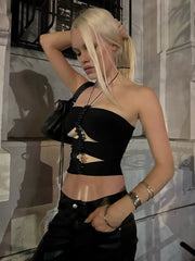 Black Halter Beaded Cut Out Crop Top