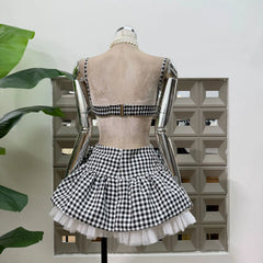 Gingham Spaghetti Strap Bow Tulle Hem Mini Dress