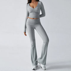 Gray long-sleeve top and flared pants set 
