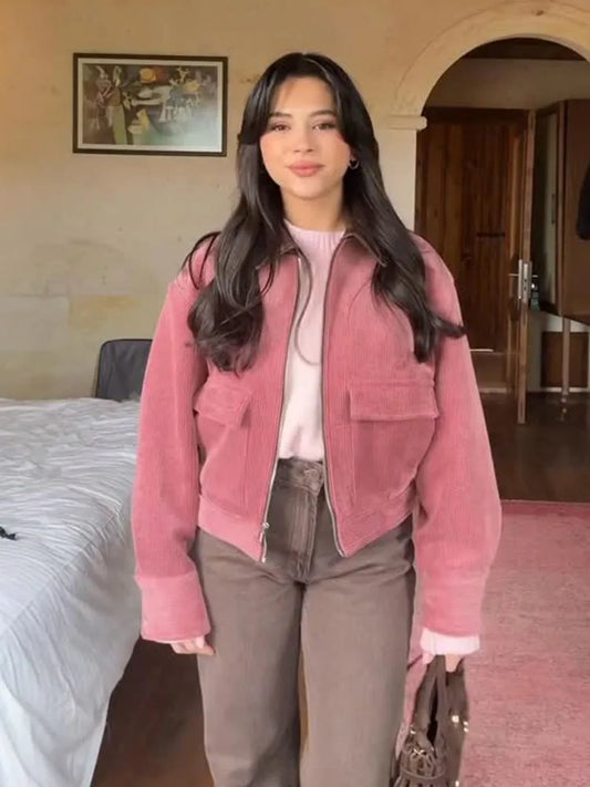 Pink Corduroy Turn-Down Collar Zipper Jacket