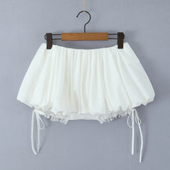 Elastic Low Waist Ruched Mini Skirt With Bow Lace Shorts Underwear Lining