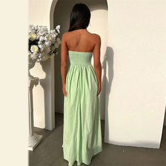 Wrapped Chest A-Line Strapless Open Back Solid Long Dress