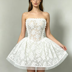 Lace Sheer Strapless Flared Mini Dress