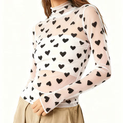 Long Sleeve Sheer Heart Print Top