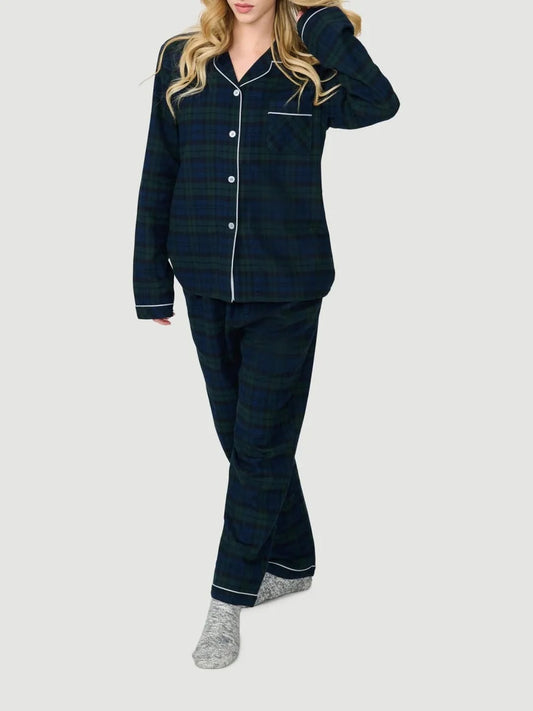 Plaid Print Long Sleeve Button Down Tops And Elastic Waist Pants Christmas Pajama Set