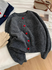 Deep Grey Wool Knitted Heart Buttoned Cardigan