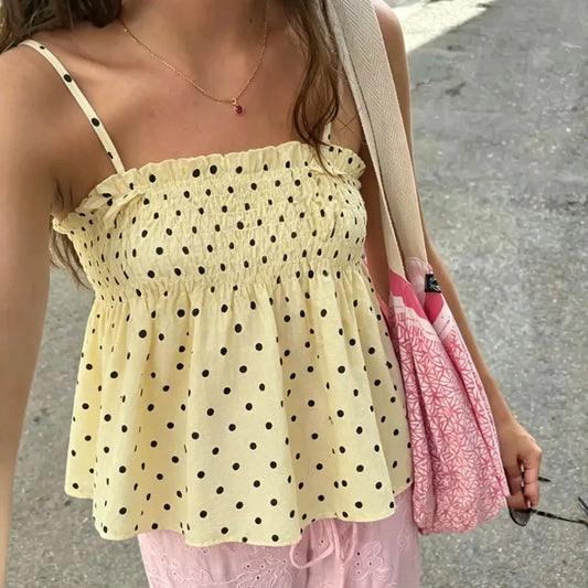 Smocked Spaghetti Strap Polka Dot Babydoll Top