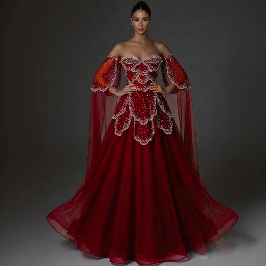 Off-Shoulder Tulle Sequin Flower Petal Embroidered Gown
