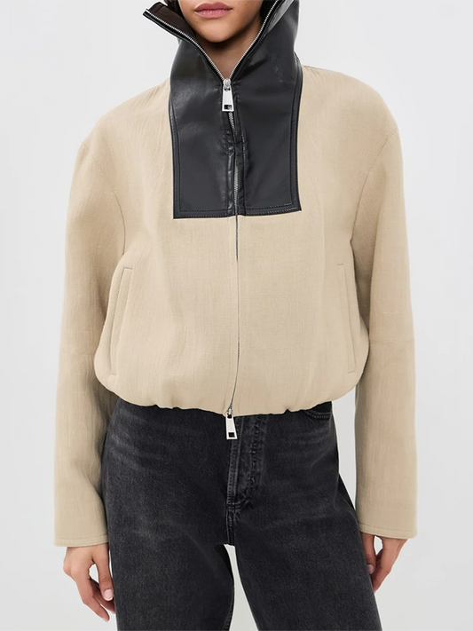 Contrast Stand Collar Cropped Zip Jacket