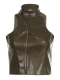 Brown Zipper Faux Leather Vest Top