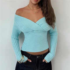Blue Off Shoulder Wrap V-Neck Long Sleeve Ribbed Top