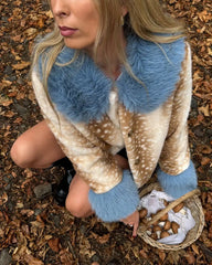 Deer Print Blue Faux Fur Cropped Jacket