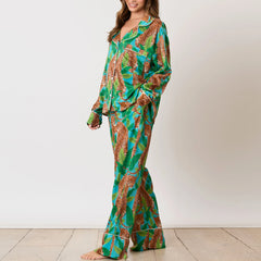 Animal Print Button-up Long Sleeve Top And Pants Set