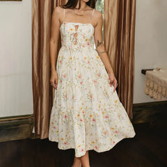 Spaghetti Strap Tie-up Floral Long Dress