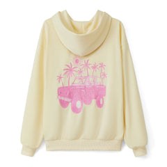 Light yellow hoodie with pink graphic of a car and palm trees 
