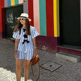 Puff Sleeve Stripe Front Bow Top And Shorts Set