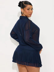 Button Up Collar Mesh See Through Long Sleeve Mini Dress