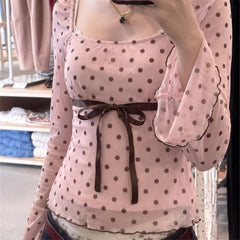 Polka Dot Mesh Flare Long Sleeve Bow Top
