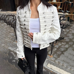 Denim Embroidered Button Jacket And Micro Shorts Set