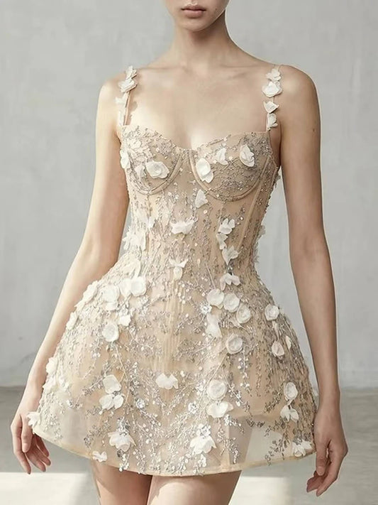 3D Flower Sequin Strappy Mini Dress