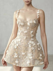 3D Flower Sequin Strappy Mini Dress