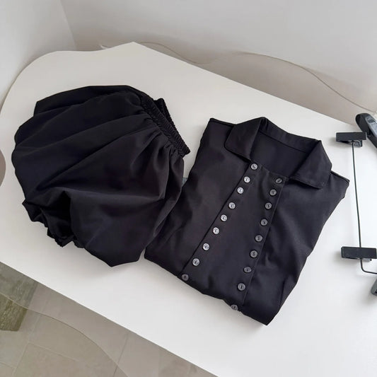 Black Short Sleeve Buttoned Shirt And Short Skirt Set