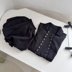 Black Short Sleeve Buttoned Shirt And Short Skirt Set