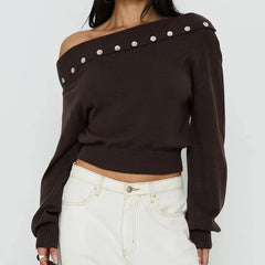 Off Shoulder Button Decor Long Sleeve Knitted Top