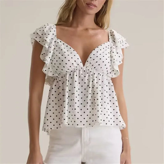 White Polka Dot Ruffle Sleeve Peplum Top