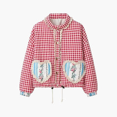 Plaid Heart Patterned Pocket Parka Padded Jacket