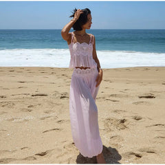 Lace Embroidered Square Neck Sheer Crop Top And Wide Pants Set