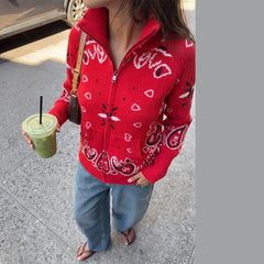 Paisley Knitted Zipper Stand Collar Cardigan Sweatshirt