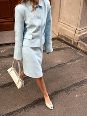 Blue Solid Suit Jacket And Skirt Set