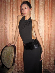 Backless Halter Sequin Patchwork Maxi Dress