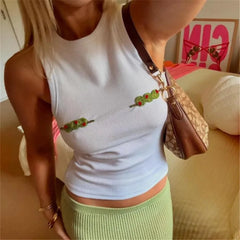 White Olives Embroidered Beaded Crop Tank Top